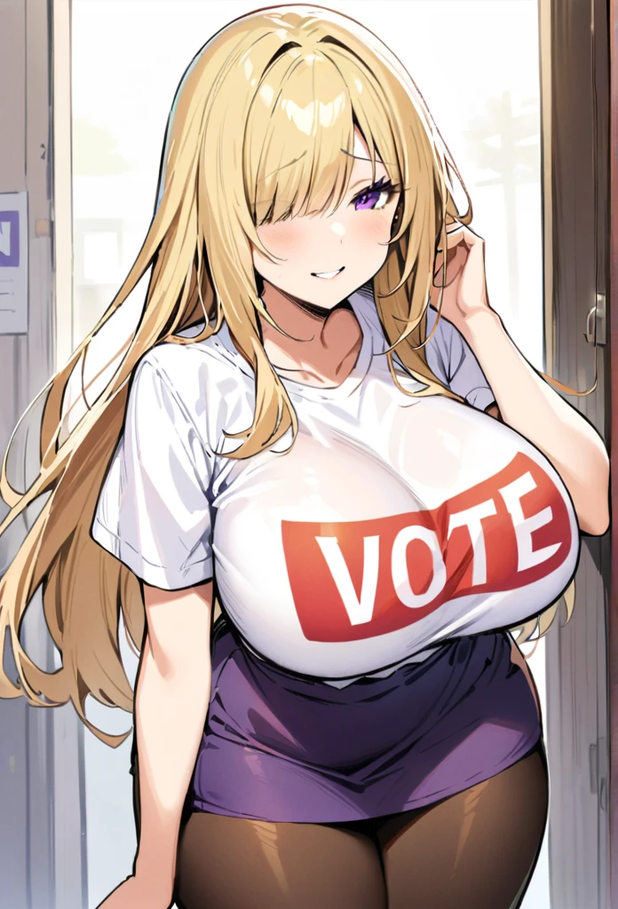 ((Best Quality)), ((Masterpiece)), (detailed), 1 girl, Pastel yellow hair, long hair, hair covers one eye, purple eyes, big breasts, big thighs, expression smiling shy, white vote t-shirt, purple skirt, brown pantyhose