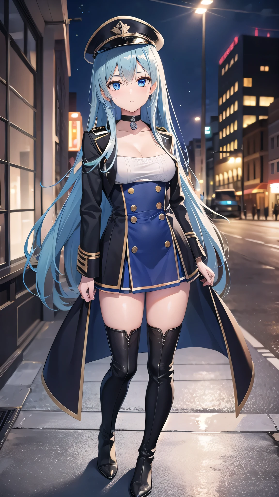 esdeath, esdeath, blue eyes, blue hair, long hair, (small breast:1.2),
BREAK boots, choker, cleavage, collarbone, hat, ice, military, military uniform, peaked cap, thigh boots, thighhighs, uniform,
BREAK looking at viewer, full body,long legs,milf,BREAK indoors,BREAK (masterpiece:1.2), best quality, high resolution, unity 8k wallpaper, (illustration:0.8), (beautiful detailed eyes:1.6), extremely detailed face, perfect lighting, extremely detailed CG, (perfect hands, perfect anatomy),city,street,night,wet road,reflections,lights