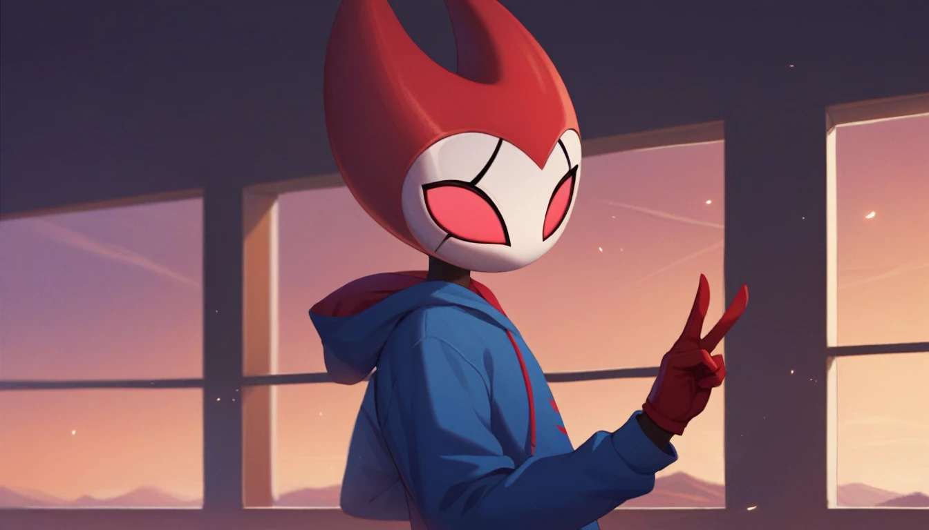 score_9, score_8_up, score_7_up, score_6_up, zPDXL2, grimm \(hollow knight\), vampire, bat, 1boy, solo, cute face, detailed eyes, anthro, blue large hoodie, red sports gloves, sneakers, near the window, landscape, looking to the side, upper body, profile photo, double v