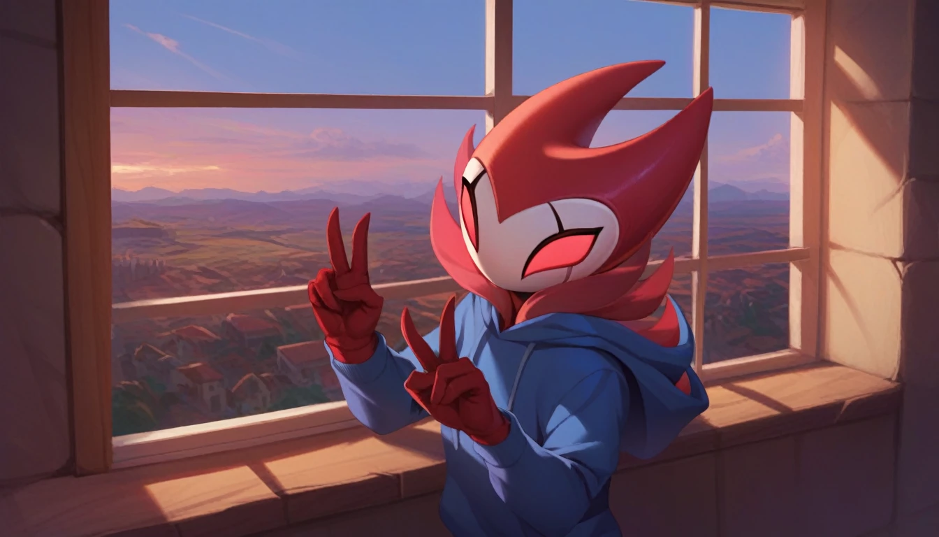 score_9, score_8_up, score_7_up, score_6_up, zPDXL2, grimm \(hollow knight\), vampire, bat, 1boy, solo, cute face, detailed eyes, anthro, blue large hoodie, red sports gloves, sneakers, near the window, landscape, looking to the side, upper body, profile photo, double v