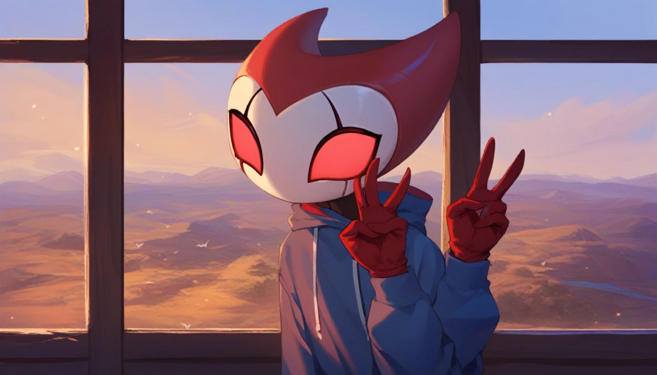 score_9, score_8_up, score_7_up, score_6_up, zPDXL2, grimm \(hollow knight\), vampire, bat, 1boy, solo, cute face, detailed eyes, anthro, blue large hoodie, red sports gloves, sneakers, near the window, landscape, looking to the side, upper body, profile photo, double v