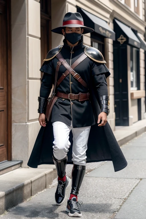 A brown hat, a black mask, red breastplate with white, black shoes, blue and black sneakers