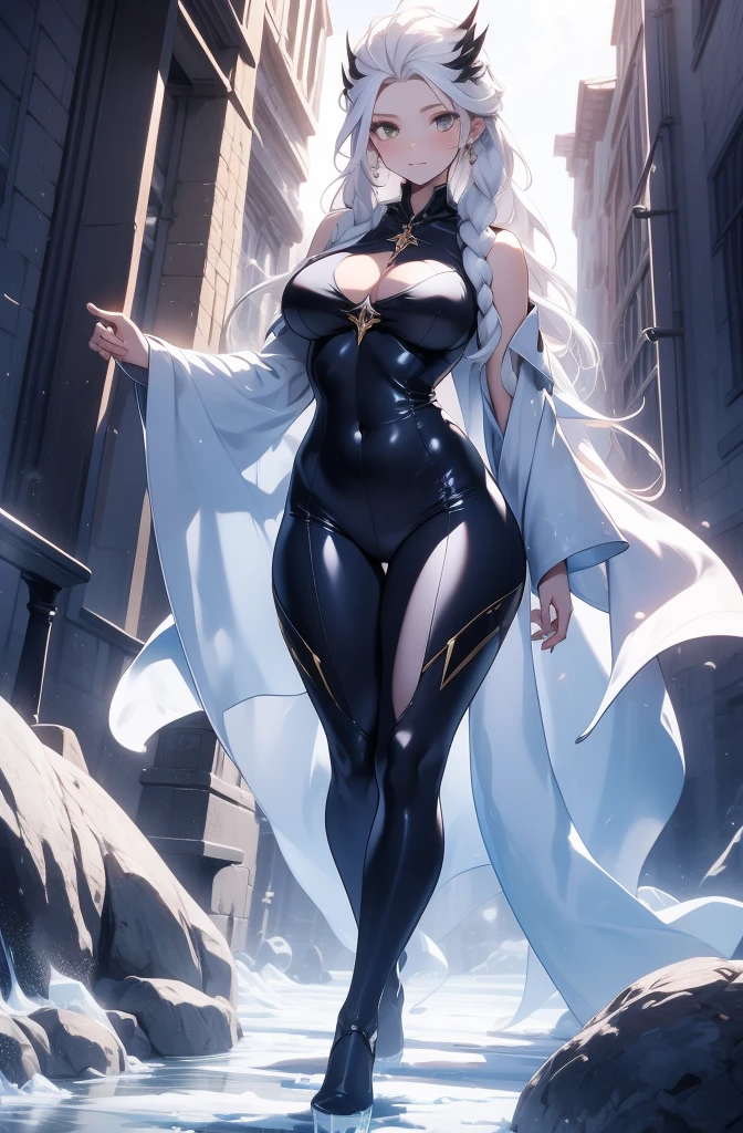 female, solo, young, sexy body, voluptuous figure, tightsuit, white hair, decolored blonde hair, ice effects around, ice queen, beautifull face, long hair, defined body, yellow and bright eyes, thick legs, strong legs, tall, Voluptuous legs, huge ass, big hip, big ass, female sorcerer, blue and black robes,