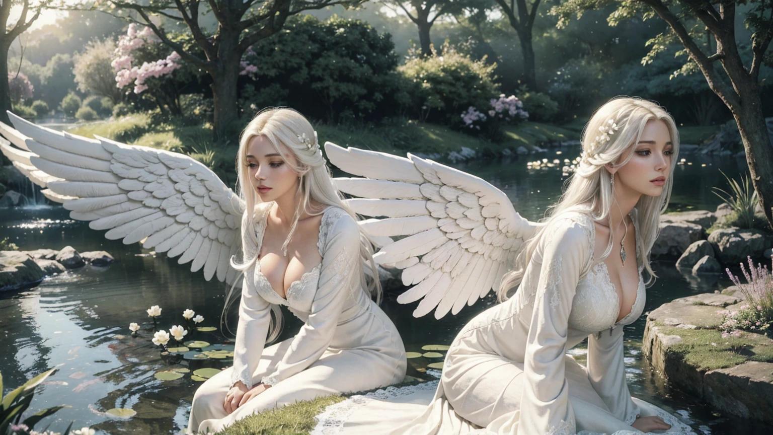 a 29 years old beautiful angel woman with long white hair, european face ,beautifull wings, huge tits, 2 beautifull white angelic wings, praying,white clothes, surrounded by white doves, serene and peaceful expression, ethereal and heavenly, 4k, high quality, intricate details, photorealistic, dramatic lighting, vibrant colors, beautifull scenerie, beautifull light, a peaceful garden, lush greenery, blooming flowers, serene atmosphere, warm sunlight, calming pond, tranquil landscape, beautiful scenery, natural environment, idyllic setting, (best quality,4k,8k,highres,masterpiece:1.2),ultra-detailed,(realistic,photorealistic,photo-realistic:1.37),landscape,vibrant colors,soft lighting,natural lighting