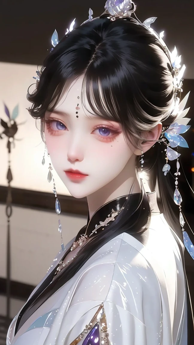 （best quality，masterpiece：1.2），Ultra-high resolution，Realistically，Front lighting，Intricate details，Exquisite details and textures，（1 girl），Solitary，whole body，Purple Hanfu，好漂亮的big eyes，Purple dress，Petal decoration，Pretty Face，Facing the audience，Ribbon，gossamer，（young），Facial highlights，Detailed production，Tear mole，White skin，Silver Hair，High Ponytail，Looking at the audience，big eyes，（Hollow pattern），Ear nipple rings，fit，White background，Right hand，Professional lighting，Photon Mapping，Radio City，Physically Based Rendering