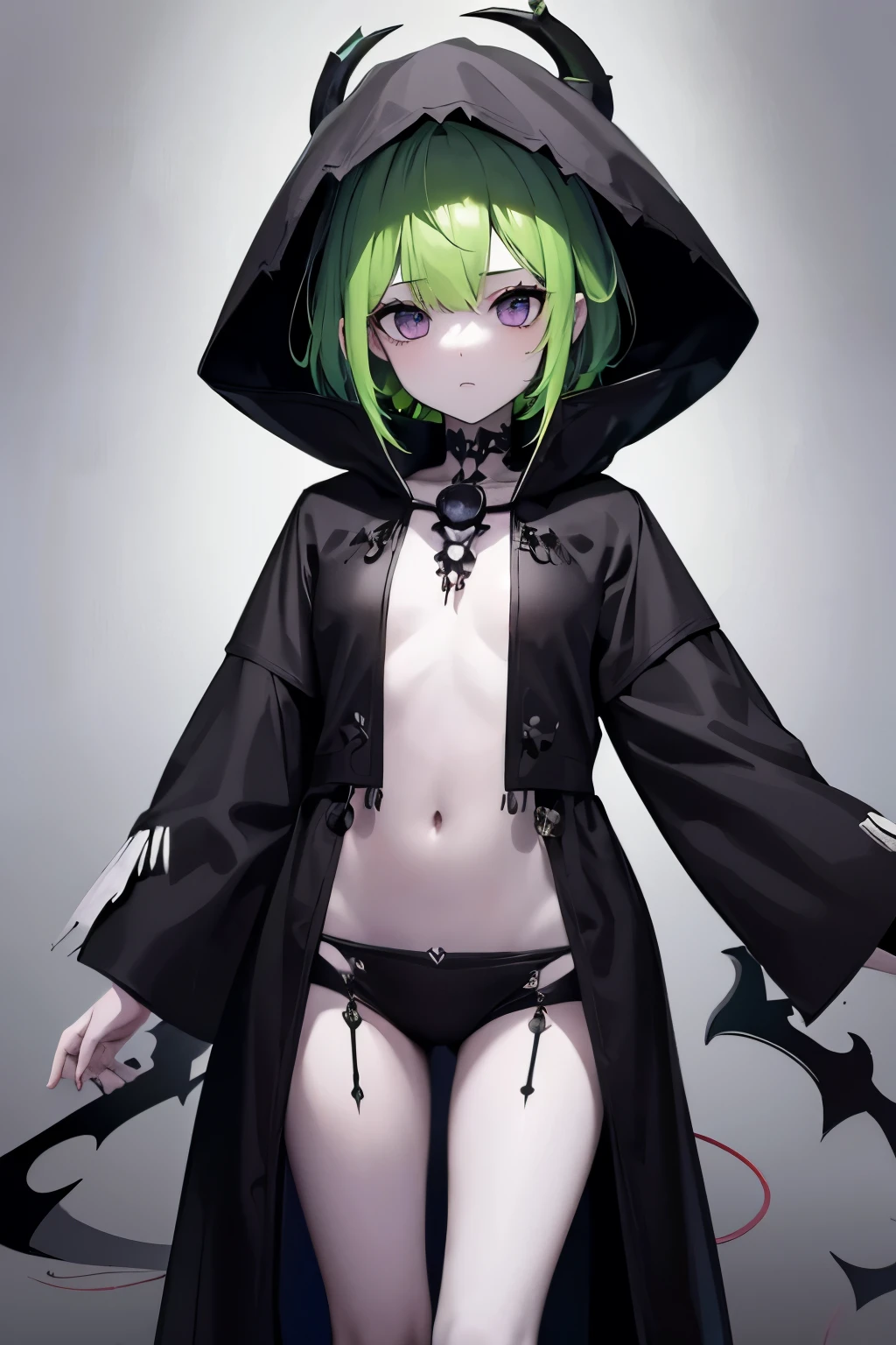 A girl，short and small，Black cloth light robe，Showing thighs，Willow Waist，undead mage，Shaman，Necromancer，skull trinkets，Skeleton element，Pale skin，Double tail，Green Hair，Dark circles，Mine system少女，Mine system