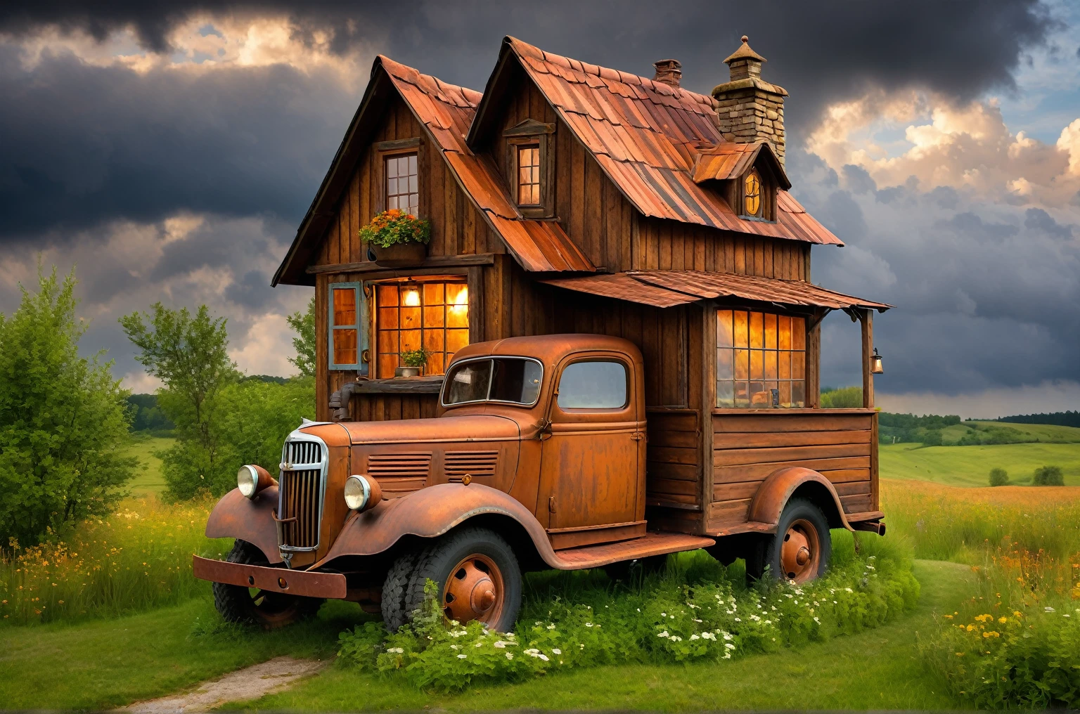 creat an old rusty truck on the back of the truck is a whimsical wooden cottage small house with a small window and with a misplaced second floor with a balcony and a crocked chimney  the roof is all rusty there hang a lantern from the roof with a small light within the background is a landskape with heavy clouds, ((more detail, enhanced)). 32k