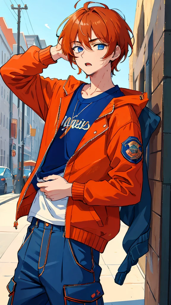 (masterpiece, best quality),  intricate details, 1boys,brown hair, red left eye right blue eyes,  light orange hair, drak red hair tips, 
small breasts, Nasty ,lust,Close mouth, wear blue shirt, Blue jacket with trousers tied, dark blue and white sweater, park background,gay 