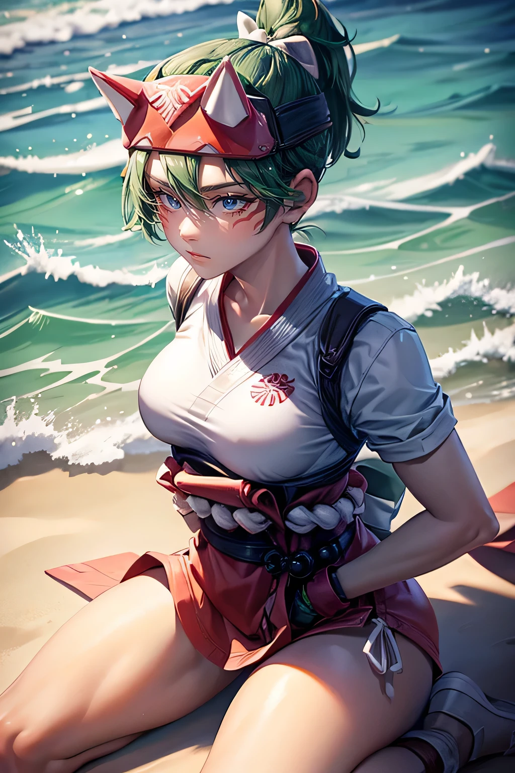 kiriko overwatch, 1 girl, short dark green hair, high ponytail, life guard, swim suit, beach, small breasts, thighs, sitting, kneeling