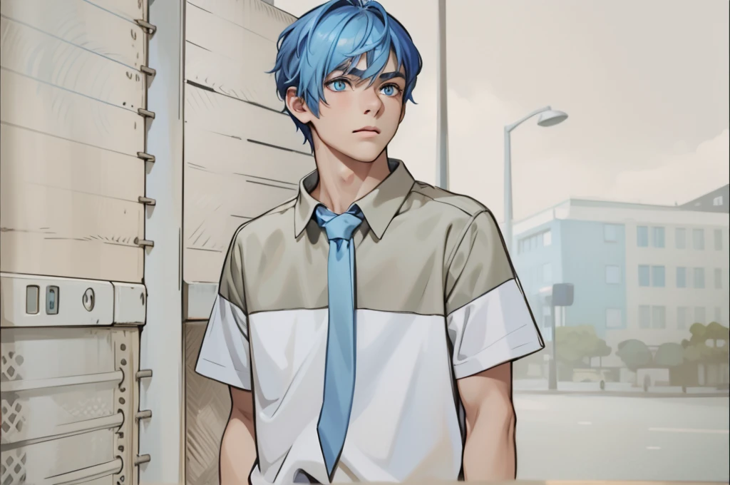 16 year old boy with blue hair and blue eyes is looking at someone, he has a serious look.
