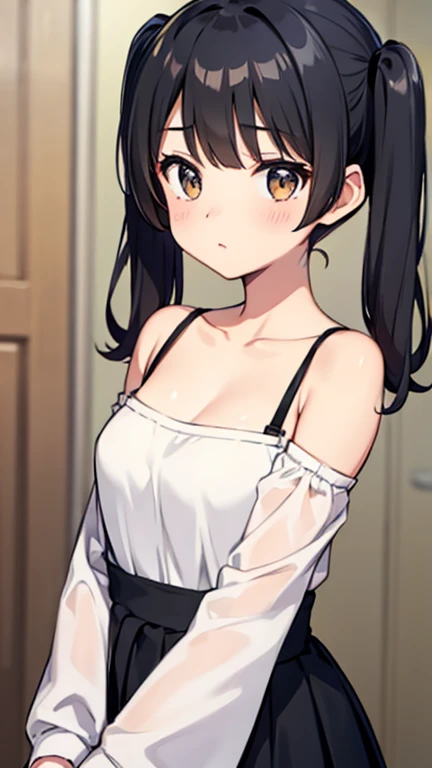 Black hair twin tails、tits、No sleeve