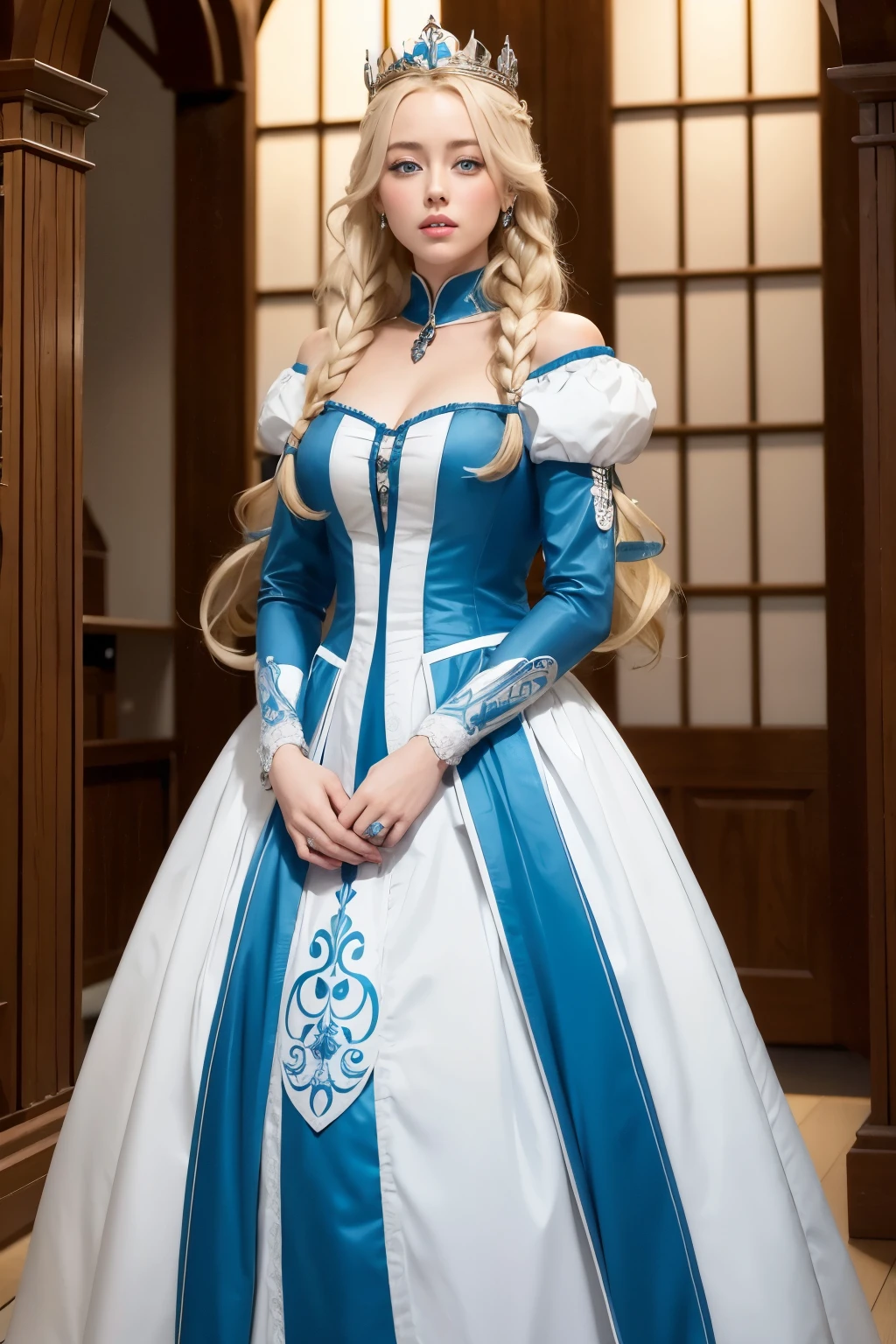 a blonde medieval princess with black highlights in her hair, with a light blue and white dress, long blonde hair to the waist, hair braid similar to Amber Heard
