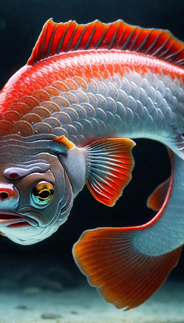Panoramic front view，河里有一种Mysterious Creatures：Red fish body，The head is a human face，Mysterious Creatures, shrike, (best quality，4K，8K，High level，masterpiece：1.2），Ultra Detailed，（lifelike，Photo real，Photo real：1.37），Highly detailed animals，Complex patterns，Realistic lighting，Fantasy Creatures