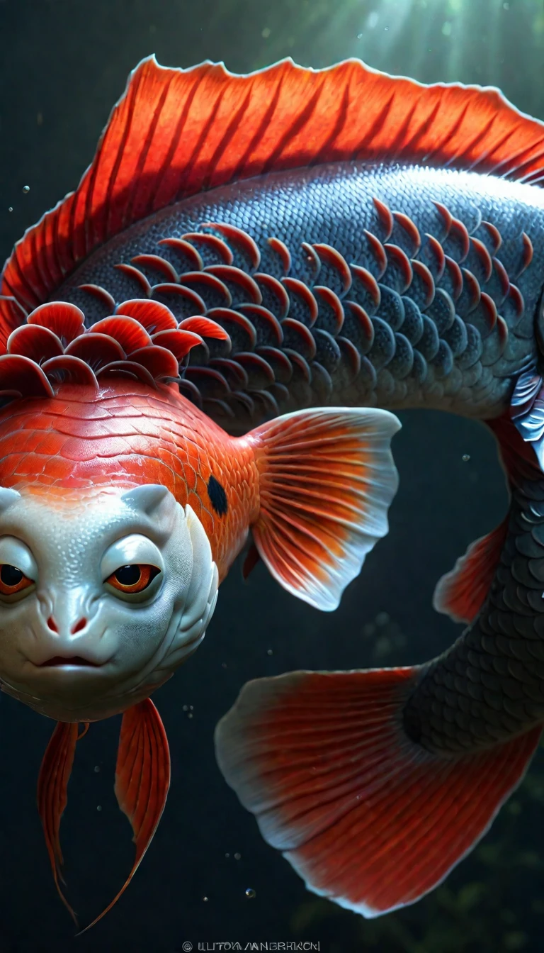 Panorama,河里有一种Mysterious Creatures:Red fish body,Human face,Mysterious Creatures, shrike, (best quality,4K,8K,High level,masterpiece:1.2),Ultra Detailed,(lifelike,Photo real,Photo real:1.37),Highly detailed animals,Complex patterns,Realistic lighting,Fantasy Creatures