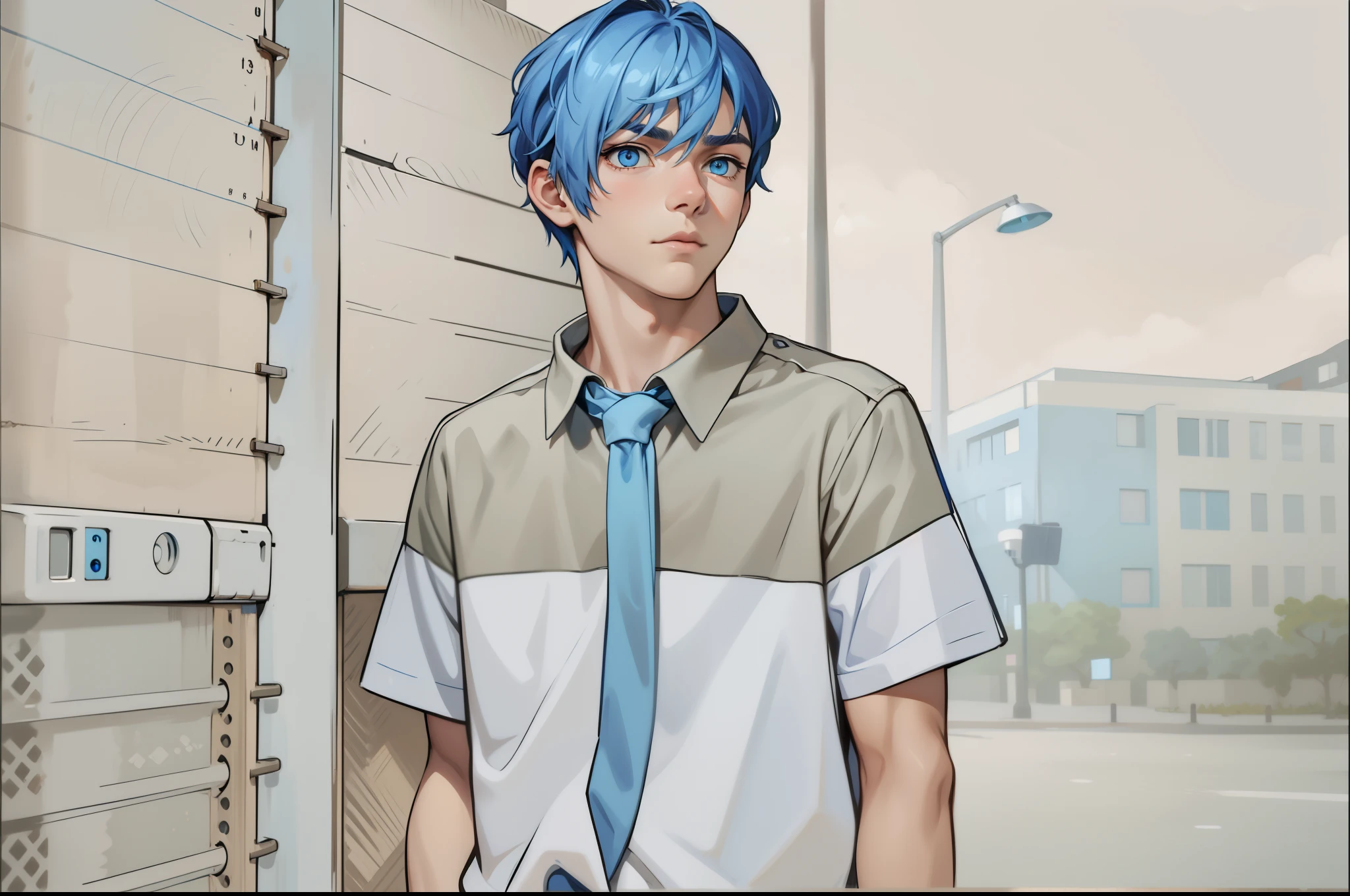 16 year old boy with blue hair and blue eyes is looking at someone, he has a serious look. 