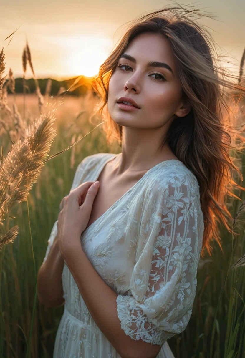 a woman standing in a field of tall grass with the sun setting, gorgeous woman, cinematic beautiful natural skin, attractive woman, attractive girl, photo of a beautiful woman, gorgeous attractive face, extremely beautiful face, in a field, beautiful female model, portrait of a beautiful model, soft portrait shot 8 k, beautiful delicate face, a beautiful young woman, attractive beautiful face