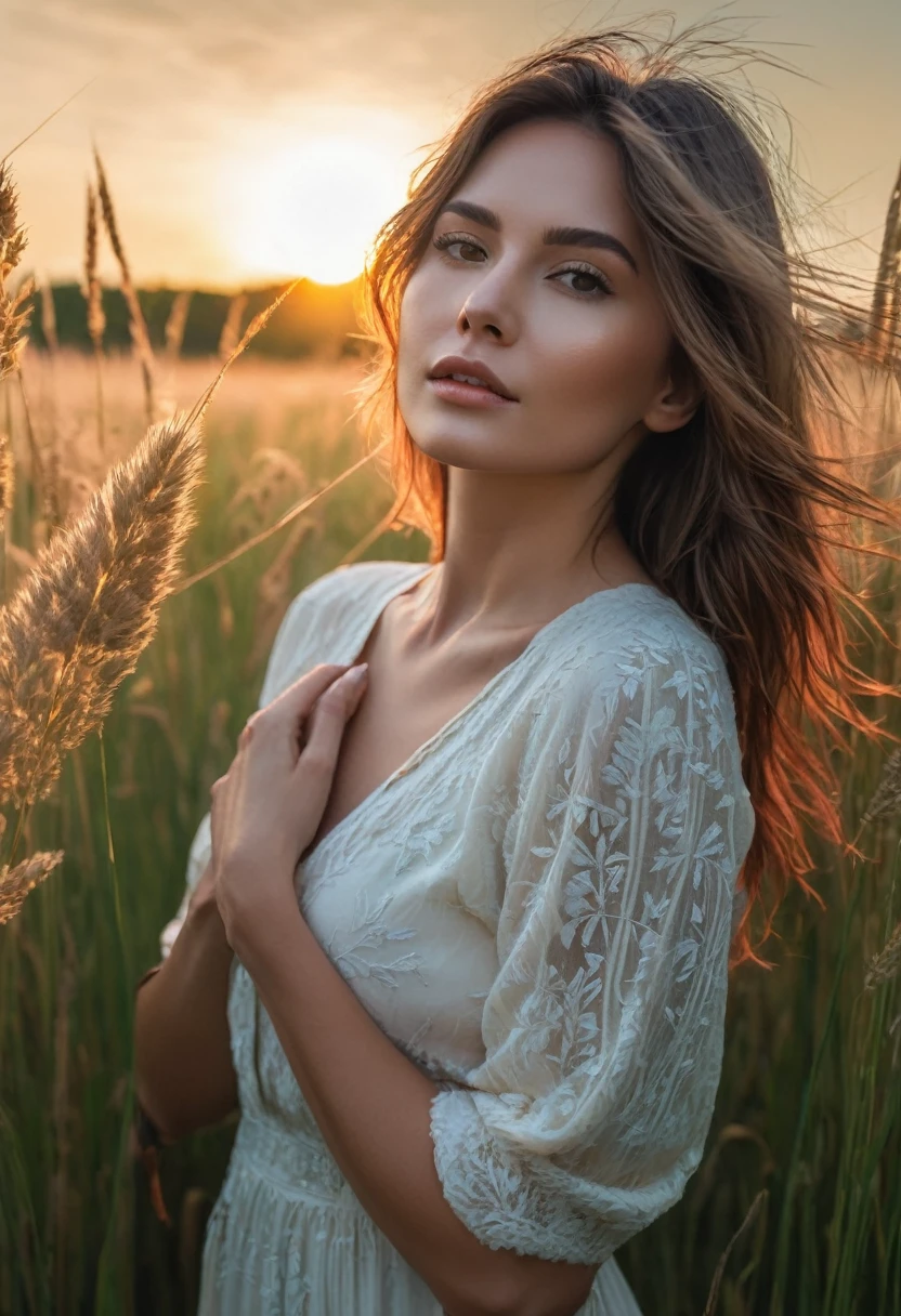 a woman standing in a field of tall grass with the sun setting, gorgeous woman, cinematic beautiful natural skin, attractive woman, attractive girl, photo of a beautiful woman, gorgeous attractive face, extremely beautiful face, in a field, beautiful female model, portrait of a beautiful model, soft portrait shot 8 k, beautiful delicate face, a beautiful young woman, attractive beautiful face
