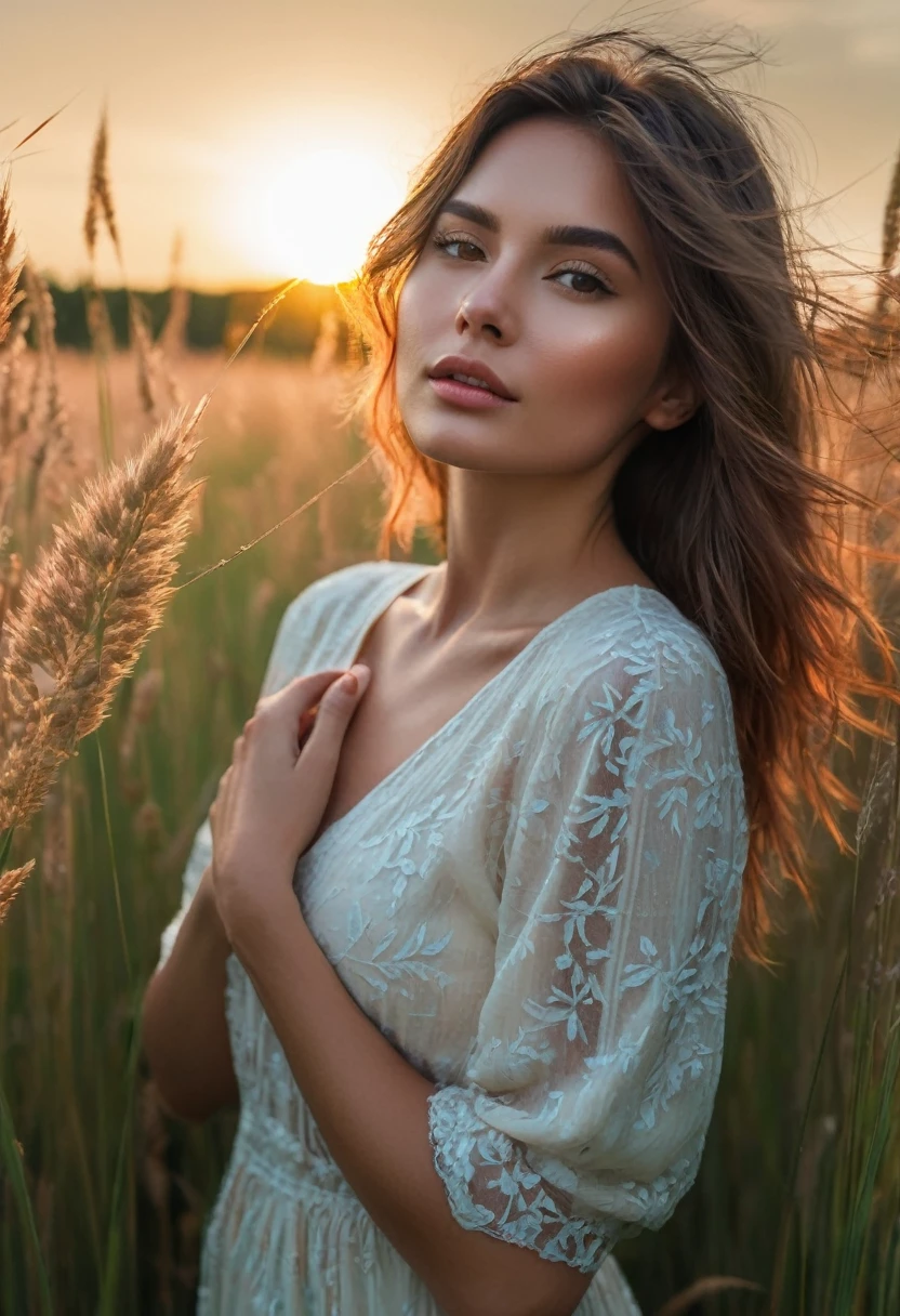 a woman standing in a field of tall grass with the sun setting, gorgeous woman, cinematic beautiful natural skin, attractive woman, attractive girl, photo of a beautiful woman, gorgeous attractive face, extremely beautiful face, in a field, beautiful female model, portrait of a beautiful model, soft portrait shot 8 k, beautiful delicate face, a beautiful young woman, attractive beautiful face
