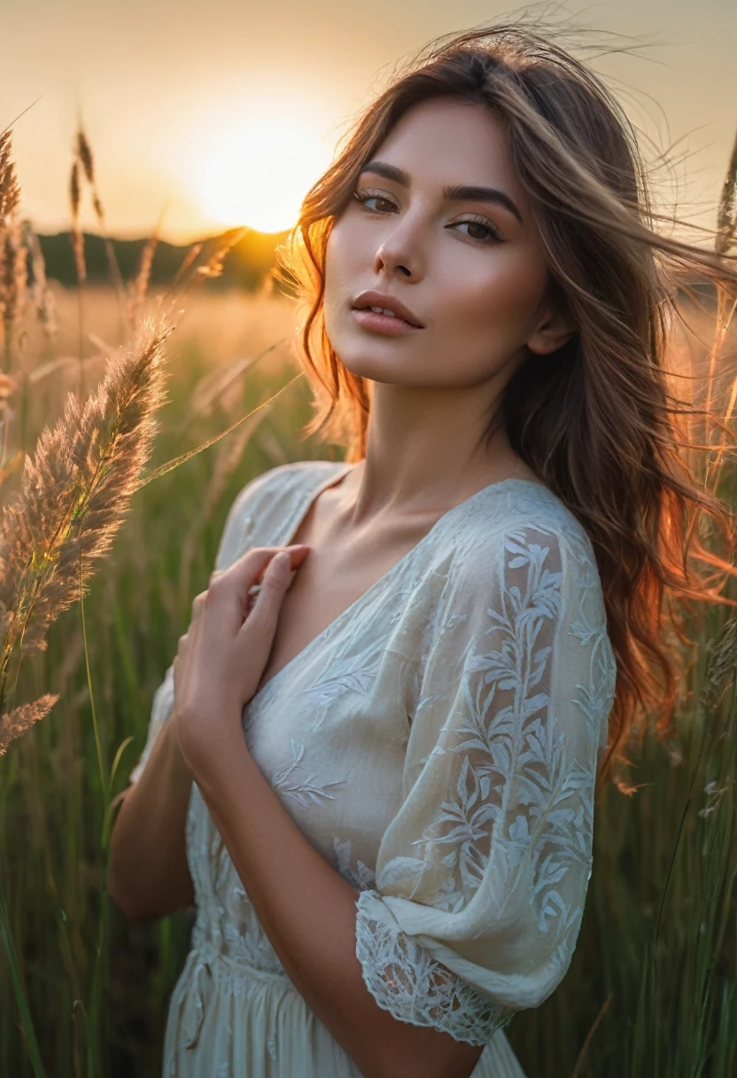 a woman standing in a field of tall grass with the sun setting, gorgeous woman, cinematic beautiful natural skin, attractive woman, attractive girl, photo of a beautiful woman, gorgeous attractive face, extremely beautiful face, in a field, beautiful female model, portrait of a beautiful model, soft portrait shot 8 k, beautiful delicate face, a beautiful young woman, attractive beautiful face