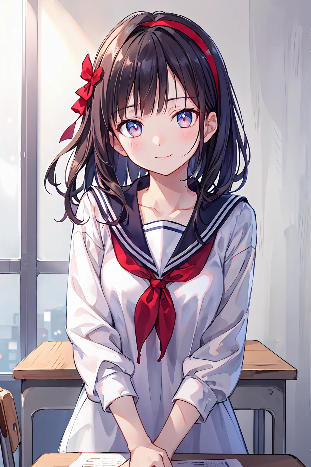(Highly detailed CG、8k wallpaper)、(Very delicate and beautiful)、(masterpiece)、(Highest quality:1.0)、(超High resolution:1.0)、Beautiful lighting、Perfect Lightning、Realistic Shadows、[High resolution]、Detailed skin、Ultra-detailed、Detailed face and eyes、Realistic eyes、Sharp pupils、Small breasts、Cowboy Shot, In the classroom、Beautiful Face、Blurred Background、Beautiful 16 year old girl、Glowing Skin、Side Up、Beautiful black hair、Blunt bangs、Red Eye、(Headband:1.2)、Sailor suit、curve、Sitting at a desk、A kind smile、Exposing the lower body