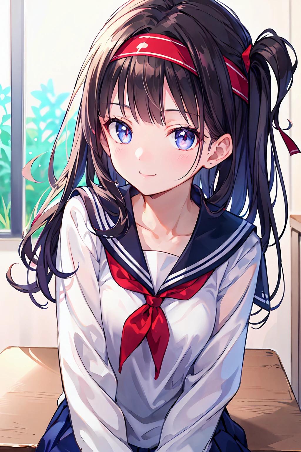 (Highly detailed CG、8k wallpaper)、(Very delicate and beautiful)、(masterpiece)、(Highest quality:1.0)、(超High resolution:1.0)、Beautiful lighting、Perfect Lightning、Realistic Shadows、[High resolution]、Detailed skin、Ultra-detailed、Detailed face and eyes、Realistic eyes、Sharp pupils、Small breasts、Cowboy Shot, In the classroom、Beautiful Face、Blurred Background、Beautiful  girl、Glowing Skin、Side Up、Beautiful black hair、Blunt bangs、Red Eye、(Headband:1.2)、Sailor suit、curve、Sitting at a desk、A kind smile、Exposing the lower body