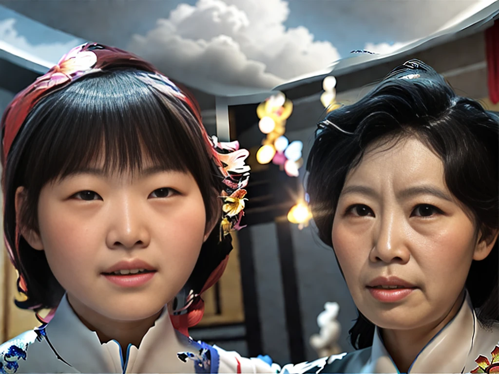 there are two young girls standing next to each other on a porch, hong kong 1 9 5 4, unknown location, 
Amphitrite, grandaunt, abbess, pax and goddess. Violin passage in forte. White clouds loom over Planet Crafter. Volumetric lighting, digital art.