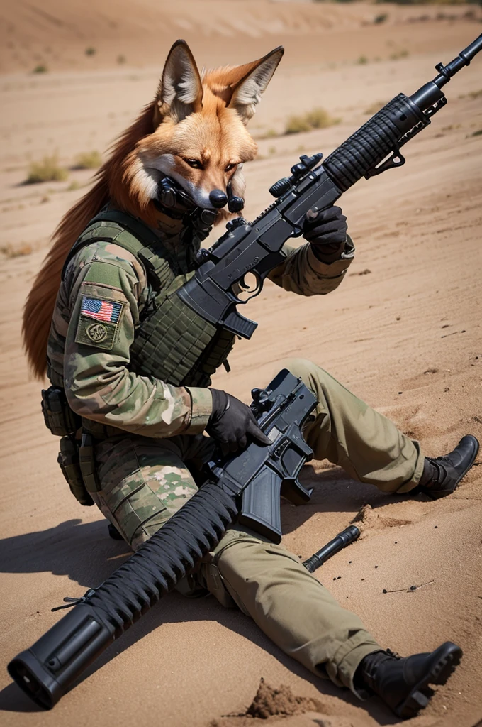 Military maned wolf armed with pistol