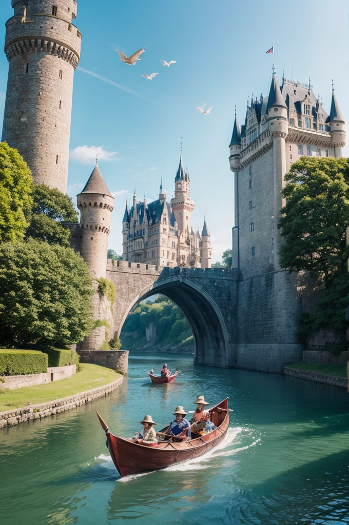 2 children in a paper boat on the river and in front of a castle with dragons flying overhead
