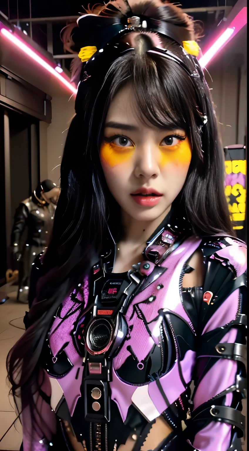 derpd, lethal geisha cyborg assassin wearing purple kimono & armor, futuristic ski head gear,, red-yellow sky, post apocalyptic art, sci-fi, glitchcore, cgsociety,, androgynous, mixed media, dystopian art, black and Neon cosmic art, nightmarefuel, space punk, glitchcore, hauntingly beautiful, beautifully ominous. A world class female cyborg in stunning HD, world class art, unique, modern masterpiece, exceptional, exquisite, apocalypse art, calotype, full body,