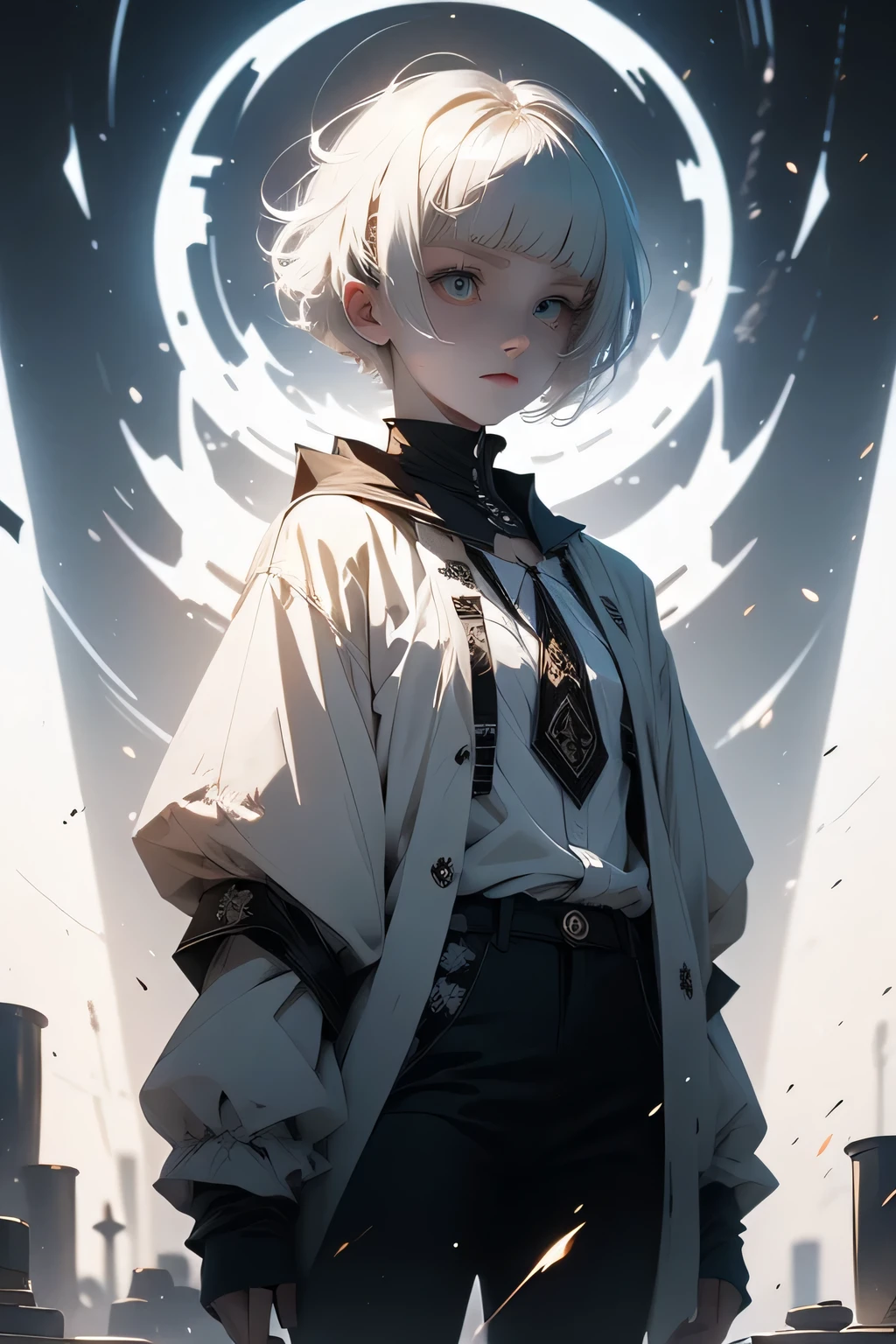 White Moonlight, short white hair with bangs, Good Kids White Hair yellow Eyes Two-Dimensional School Top quality, Masterpiece Ripe point