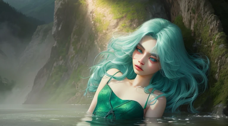 A beautiful girl with long hair, big eyes, wearing an elegant dress, standing in front of a lush green mountain landscape with a serene lake, (best quality,4k,8k,highres,masterpiece:1.2),ultra-detailed,(realistic,photorealistic,photo-realistic:1.37),extremely detailed face and eyes,long eyelashes,beautiful detailed eyes,beautiful detailed lips,green mountains,green water,intricate dress,dramatic lighting,cinematic,high fashion,elegant,serene