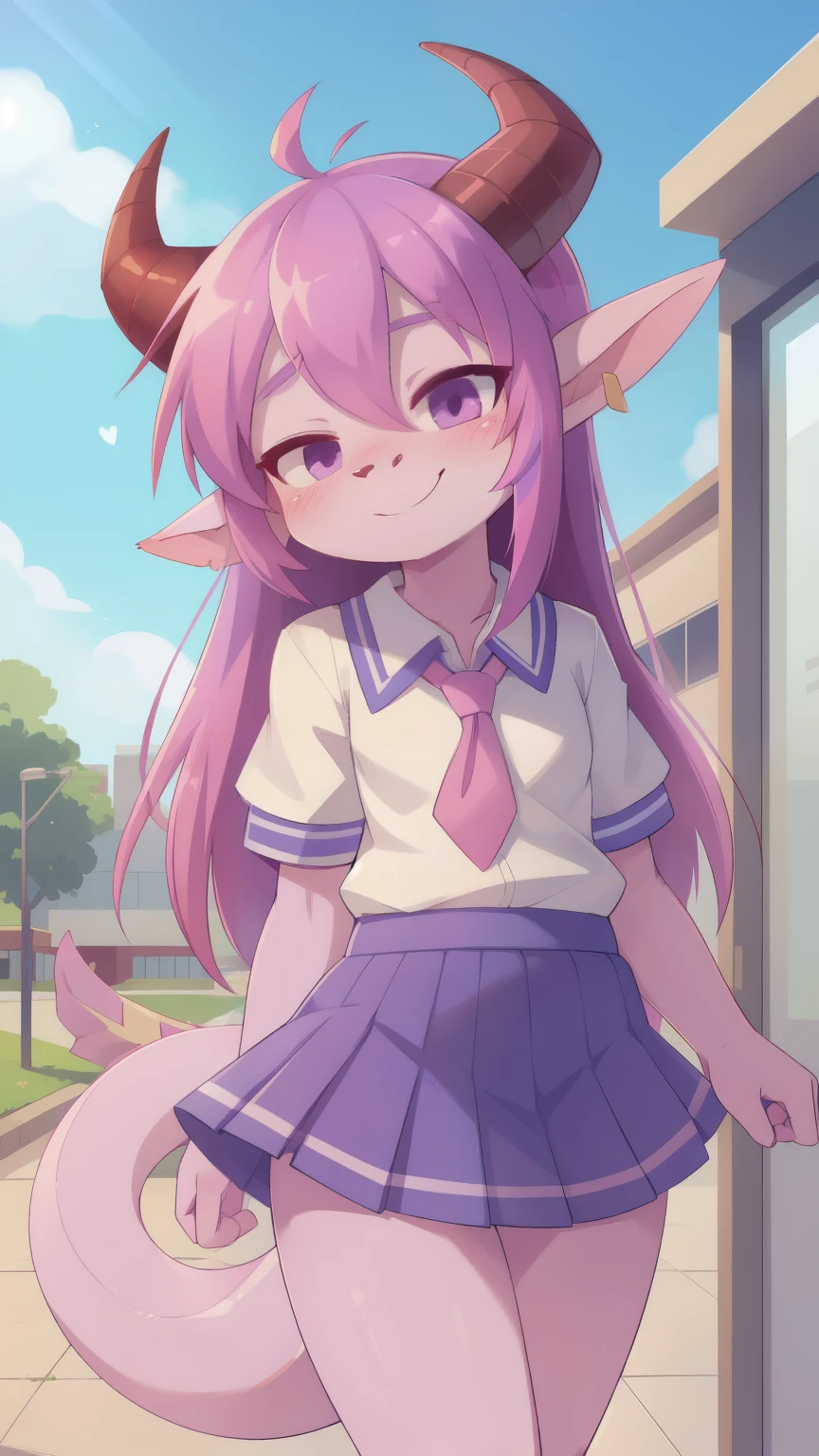 score_9,score_8_up,score_7_up, source_cartoon, source_furry, dragon girl, horns, tail, multicolored hair, pink hair, magenta hair, close eyes, furry, blush, dragon tail, looking at viewer, smile, 1girl, dragon horns, pointy ears, emo hairstyle, long side hair, furry boy, :3, two tone body fur, lilac body fur, clear lilac body fur, ((school uniform, school shirt, blue skirt)), school, clear sky, standing,
