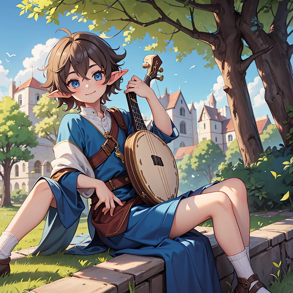 Beautiful, high quality, a elf boy, twink body, blue eyes, cute face, messy hair, smiling, wearing a medieval boy style clothes, playing a lute, sit under the tree in a medieval city