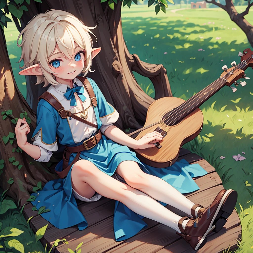 Beautiful, high quality, a 11 years old elf boy, twink body, blue eyes, cute face, messy hair, smiling, wearing a medieval boy style clothes, playing a lute, sit under the tree in a medieval city