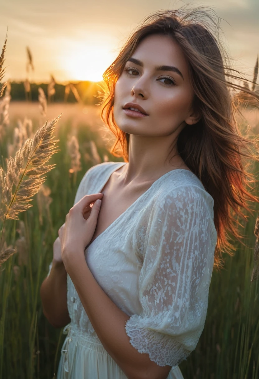 a woman standing in a field of tall grass with the sun setting, gorgeous woman, cinematic beautiful natural skin, attractive woman, attractive girl, photo of a beautiful woman, gorgeous attractive face, extremely beautiful face, in a field, beautiful female model, portrait of a beautiful model, soft portrait shot 8 k, beautiful delicate face, a beautiful young woman, attractive beautiful face
