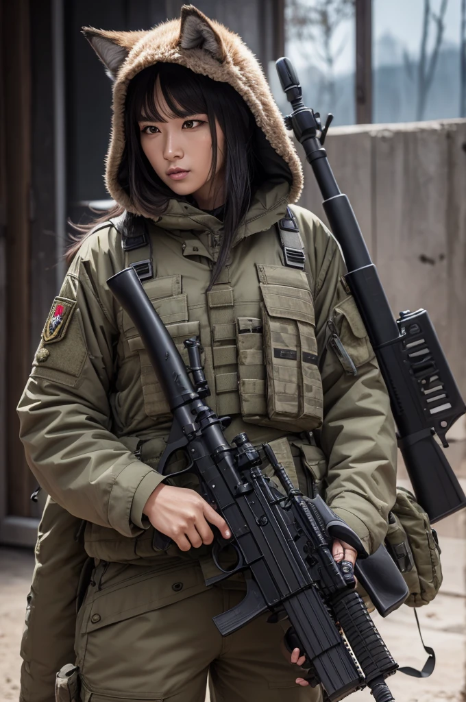 Photorealsitic、realistic skin textures、automatic rifle
