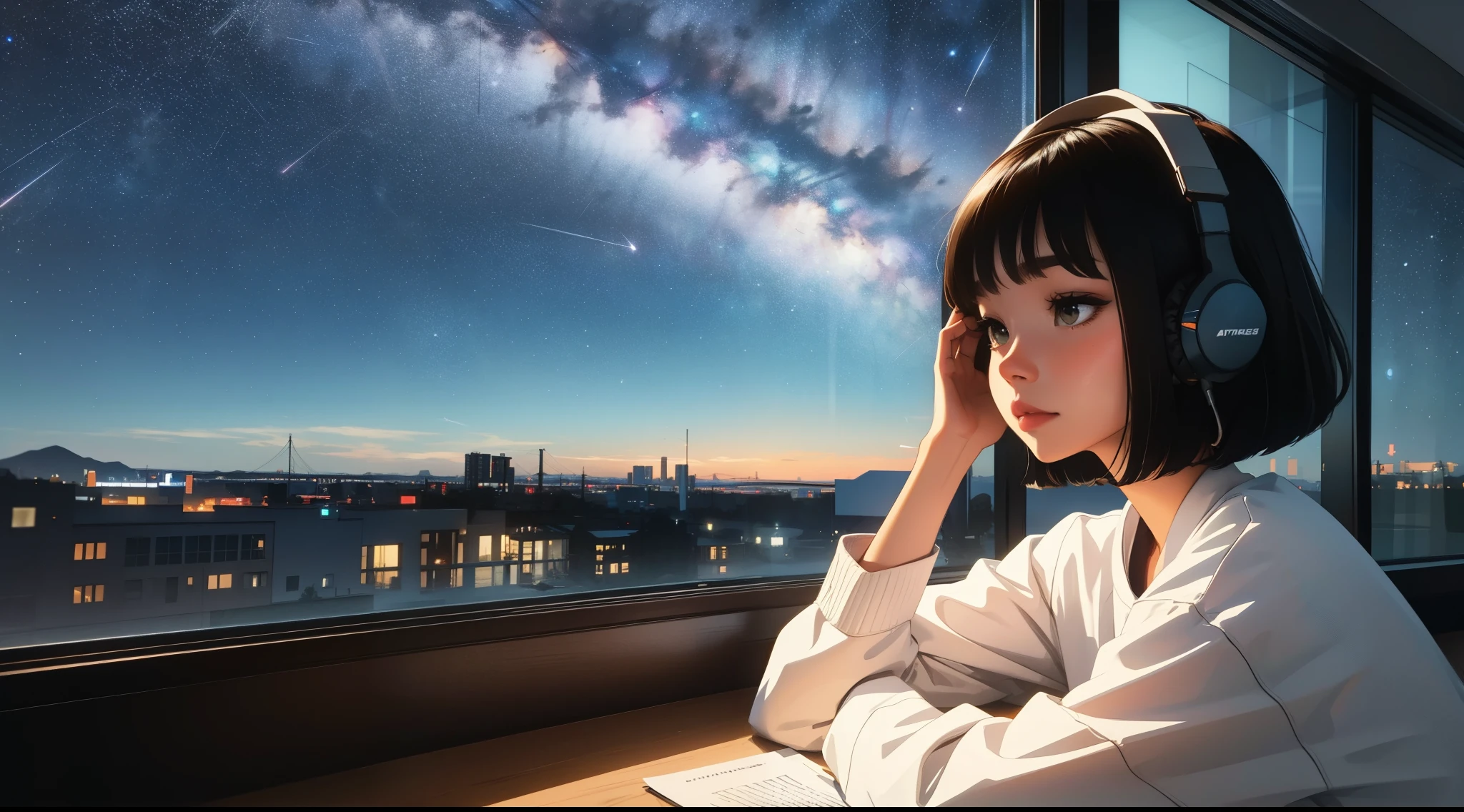 indoor, Wearing headphones, Studying in the room, Sit by the window,  Contemplative posture, Look at the stars, head stuck to glass, landscape passing by at high speed, night travel, Beautiful starry sky, a beautiful girl with, bob cut,Bangs, Ultra HD Portraits, (high quality) (Super detailed) Looking at the audience dressed in hip-hop style streetwear; different, Colorful,