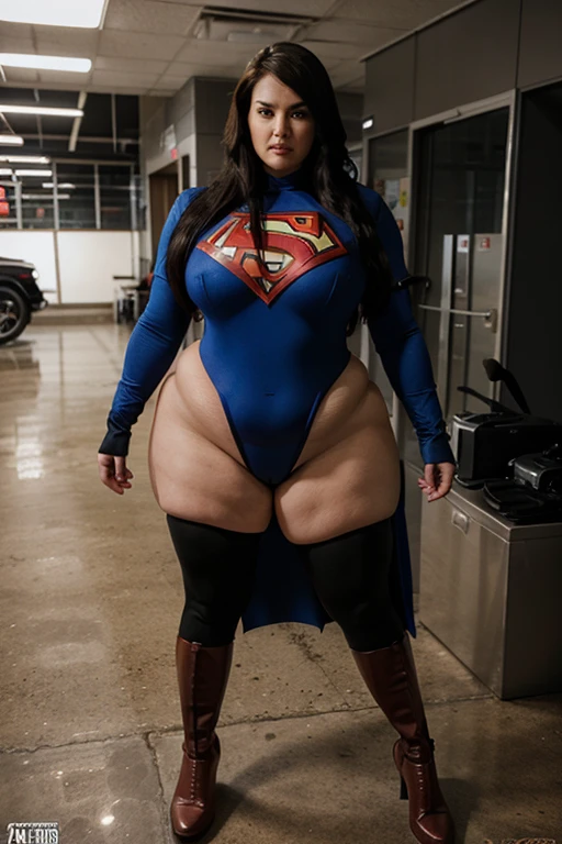 bbw superheroine is standing and paralyzed in front, full body, bbw.