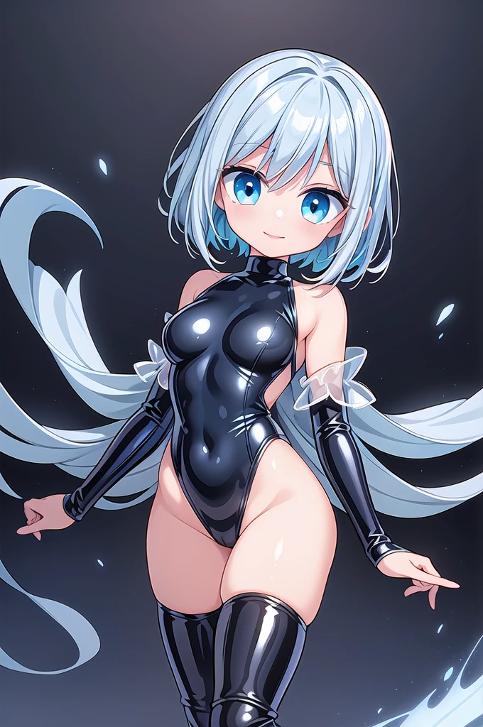 1girl,solo,full body,standing,(pastel blue hair:1.2),short hair,(blue eyes:1.2),(beautiful fingers:1.2),(perfect anatomy:1.4),(arm_behind_back:1.4),(cold_shoulder:1.2),(blue leather lace glossy silk lamé leotard:1.4),(latex luster shiny glossy metallic:1.4),(shiny_clothes:1.4),(white Clear PVC sheets sleeves:1.4),(sheer sleeves:1.4),(see-through sleeves:1.4),(wide sleeves:1.2),(gloss on lips:1.4),closed mouth,medium breasts,masterpiece,best quality,(Ultra high definition eyes:1.2),8k,(Beautiful detailed eyes:1.2),(Fine and beautiful eyes:1.2),(pretty eyes:1.2),finely detail,extremely CG, absurdres,high resolution,illustration,Detailed and beautiful outlines,finely detail,high resolution,(colorful refraction:1.4,Increase saturation:1.2),beautiful lighting,dynamic lighting,closed room,black background,simple background, smile,looking at viewer,(pastel blue thigh boots),