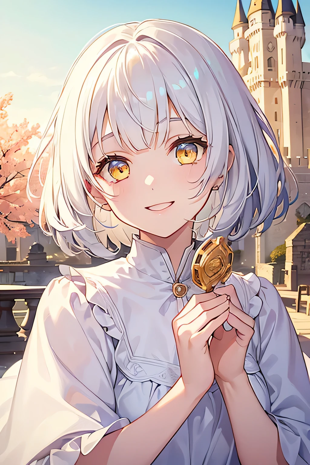 1 happy cute girl, potrait, short white hair, yellow eyes, gold eyes, correct eyes, messy bangs, looking at viewers, castle background, brightness, spring, white dress