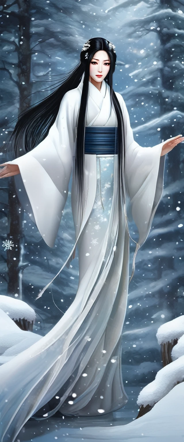A realistic depiction of Yuki-onna, the snow woman from Japanese folklore. She is a beautiful woman with long, flowing black hair, wearing a pure white kimono. Her skin is pale and almost translucent, giving her an ethereal and ghostly appearance. She stands in a snowy forest, with snowflakes gently falling around her. The background features tall, snow-covered pine trees and a serene, icy landscape. The image should have a mysterious and haunting atmosphere, capturing the cold and supernatural essence of Yuki-onna.