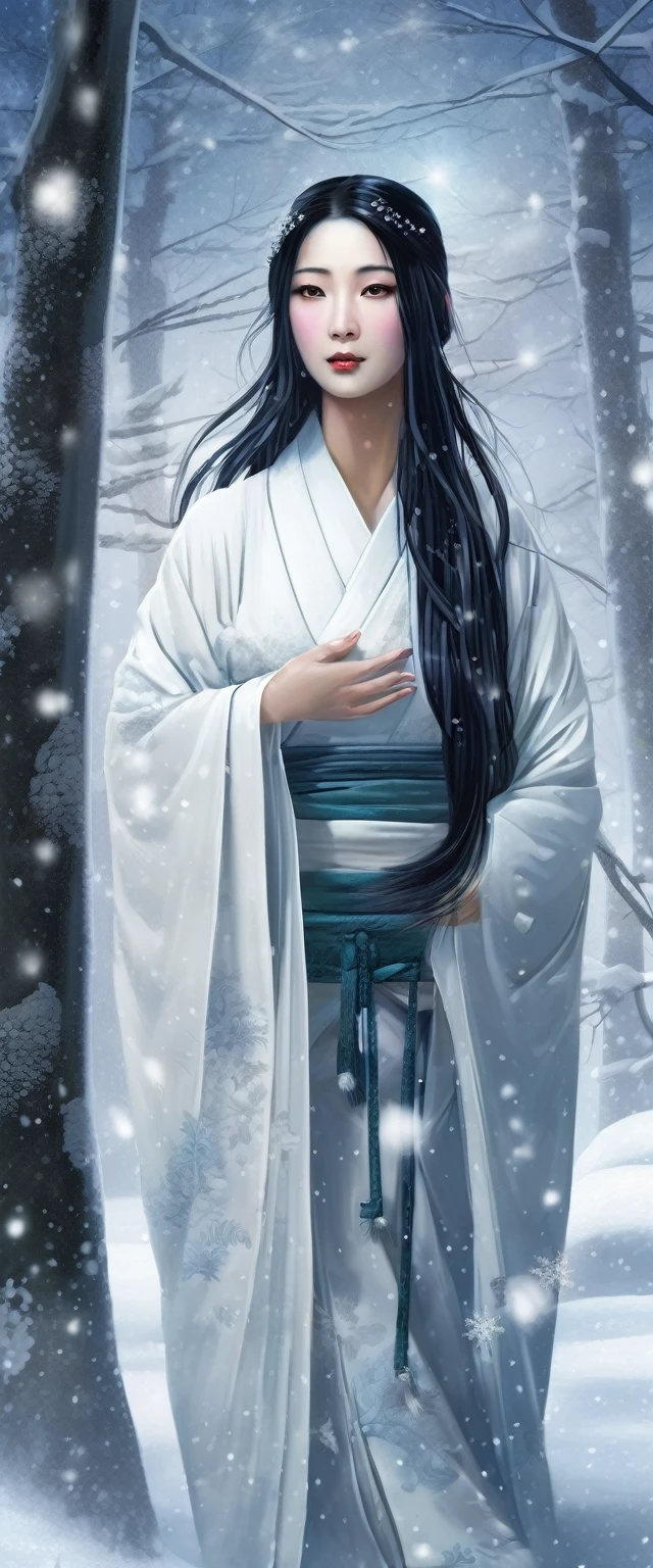 A realistic depiction of Yuki-onna, the snow woman from Japanese folklore. She is a beautiful woman with long, flowing black hair, wearing a pure white kimono. Her skin is pale and almost translucent, giving her an ethereal and ghostly appearance. She stands in a snowy forest, with snowflakes gently falling around her. The background features tall, snow-covered pine trees and a serene, icy landscape. The image should have a mysterious and haunting atmosphere, capturing the cold and supernatural essence of Yuki-onna.