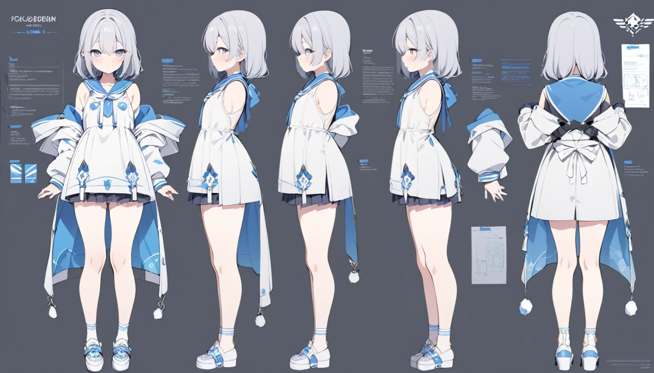 (best quality, masterpiece), 1girl, 15 yo,cute, standing girl, three view drawing, front and back and side, character sheet,full body,simple background,