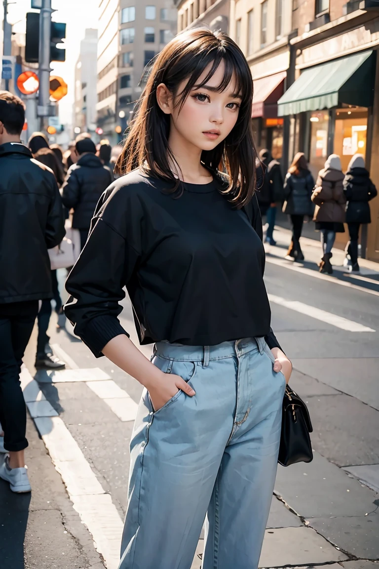 A young woman standing on the street, blur background, beatiful, photorealistic