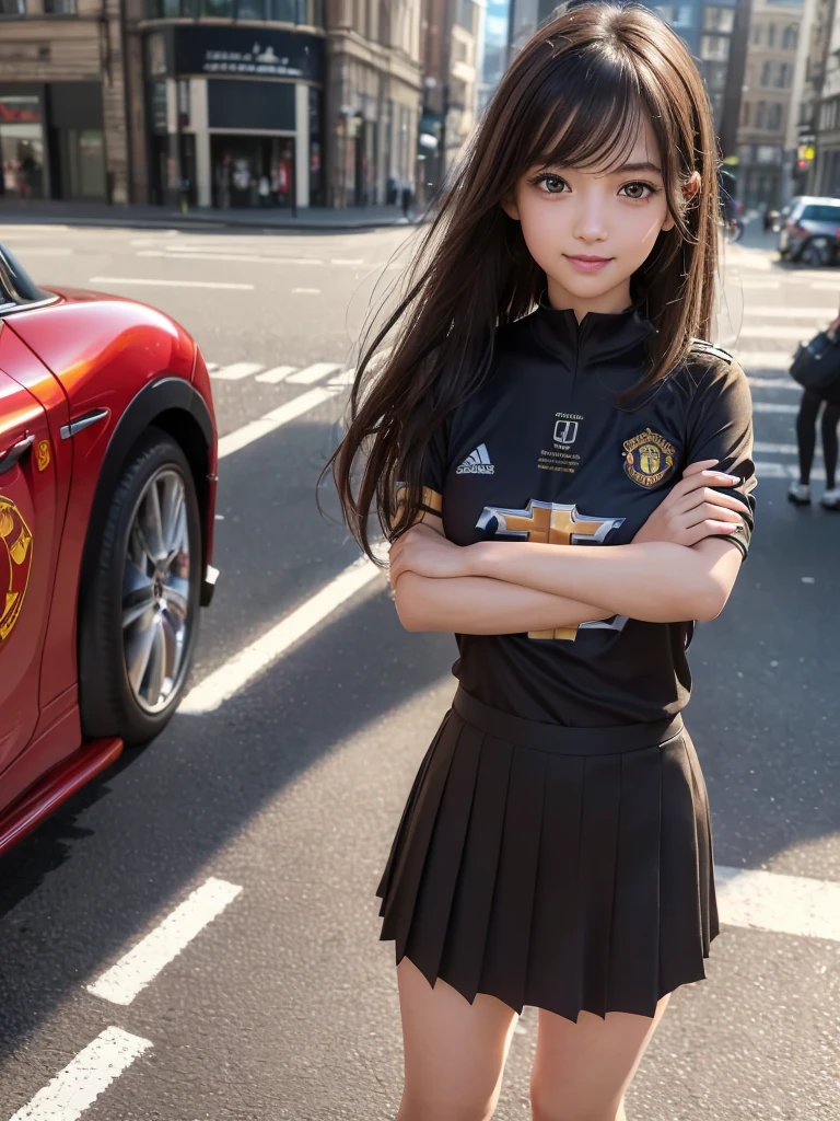 (8K, RAW Photos, Highest quality, masterpiece:1.2), (Realistic, photo-Realistic:1.4), (Highly detailed 8K wallpapers), ((Full Body Shot)), (1 girl), Sharp focus, Depth of written boundary, Cinematic lighting, Soft Light, 緻密な美しさのeye, eye_Chan, Very beautiful 17 year old girl, innocent big eyes, Realistic, photo Realistic, Highly detailed cute girl, (Thin thighs), (Model Body Type), (((manchester united soccer jersey))), ((Micro Mini Pleated Skirt)), (((Fold your arms in front of your chest and act arrogantly))), ((A happy smile)), Parted lips, Watching the audience, (On the streets of Britain) , (Brown Hair),（Long Bob Hair), (Asymmetrical bangs)