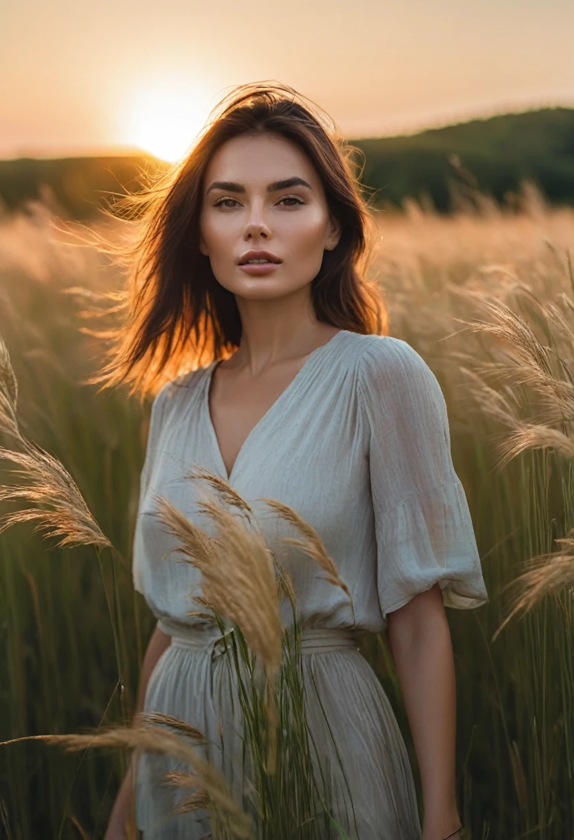 a woman standing in a field of tall grass with the sun setting, gorgeous woman, cinematic beautiful natural skin, attractive woman, attractive girl, photo of a beautiful woman, gorgeous attractive face, extremely beautiful face, in a field, beautiful female model, portrait of a beautiful model, soft portrait shot 8 k, beautiful delicate face, a beautiful young woman, attractive beautiful face