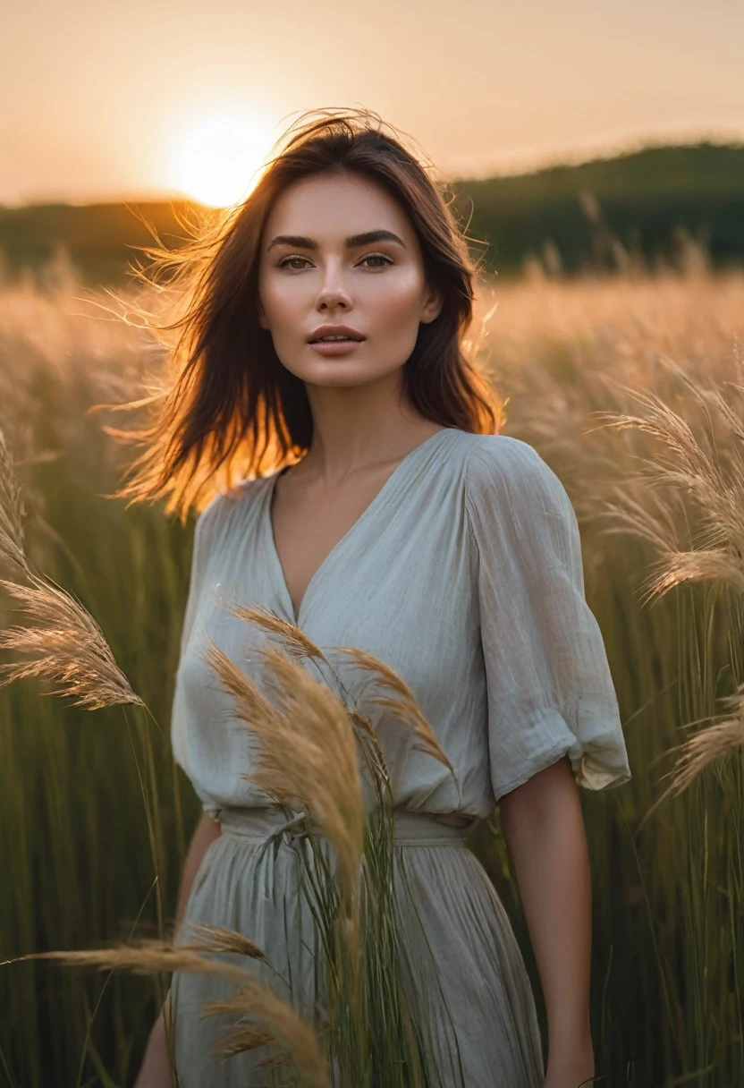 a woman standing in a field of tall grass with the sun setting, gorgeous woman, cinematic beautiful natural skin, attractive woman, attractive girl, photo of a beautiful woman, gorgeous attractive face, extremely beautiful face, in a field, beautiful female model, portrait of a beautiful model, soft portrait shot 8 k, beautiful delicate face, a beautiful young woman, attractive beautiful face