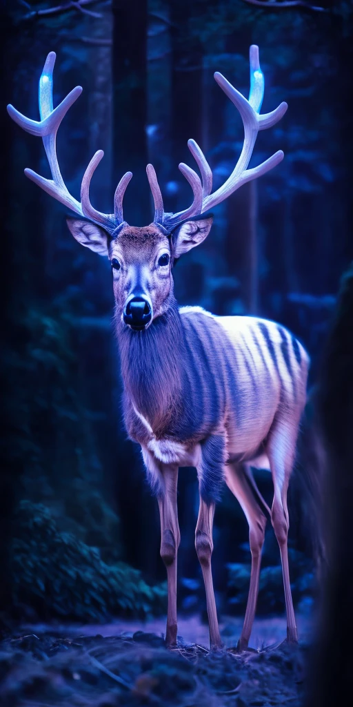 a close up of a deer with glowing antlers in a forest, 3d digital art 4k, digital art animal photo, digital artwork 4 k, holographic creatures, 4k highly detailed digital art, 8k high quality detailed art, 4k detailed digital art, 8 k ultra realistic animal, digital art 4k, digital art 4 k, detailed digital 3d art