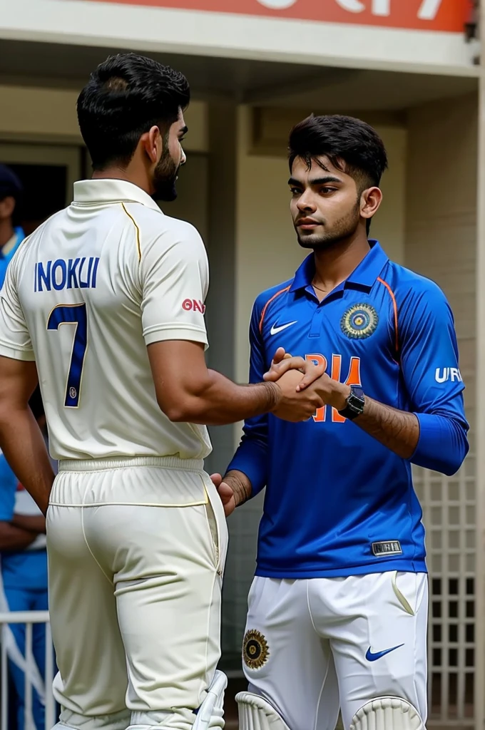 a 18 year old boy wearing indian cricket team jersey name "your shivanshu singh number 07 showing his back and hand shake with Virat Kohli. With bat