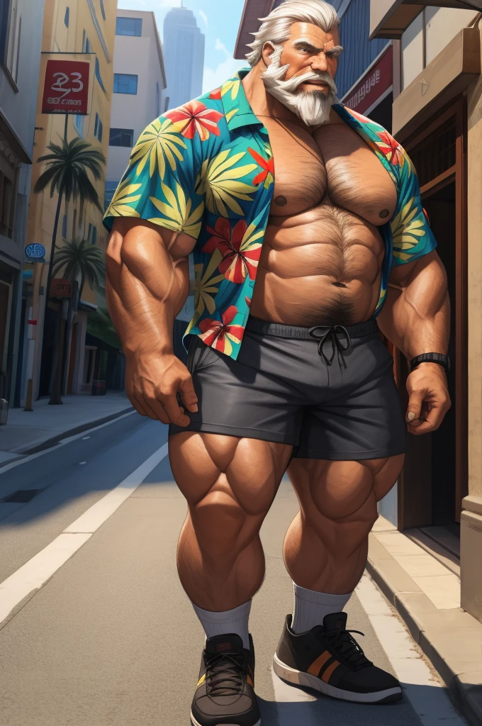 Huge muscular old man in street old man, bearded. white hair and beard, bearded, muscular, pectoral, wide pectoral, thick arms, massive muscular, realistic, 8k, masterpiece, semi realistic:1.2, (wearing shorts and Hawaiian shirt, shoes)